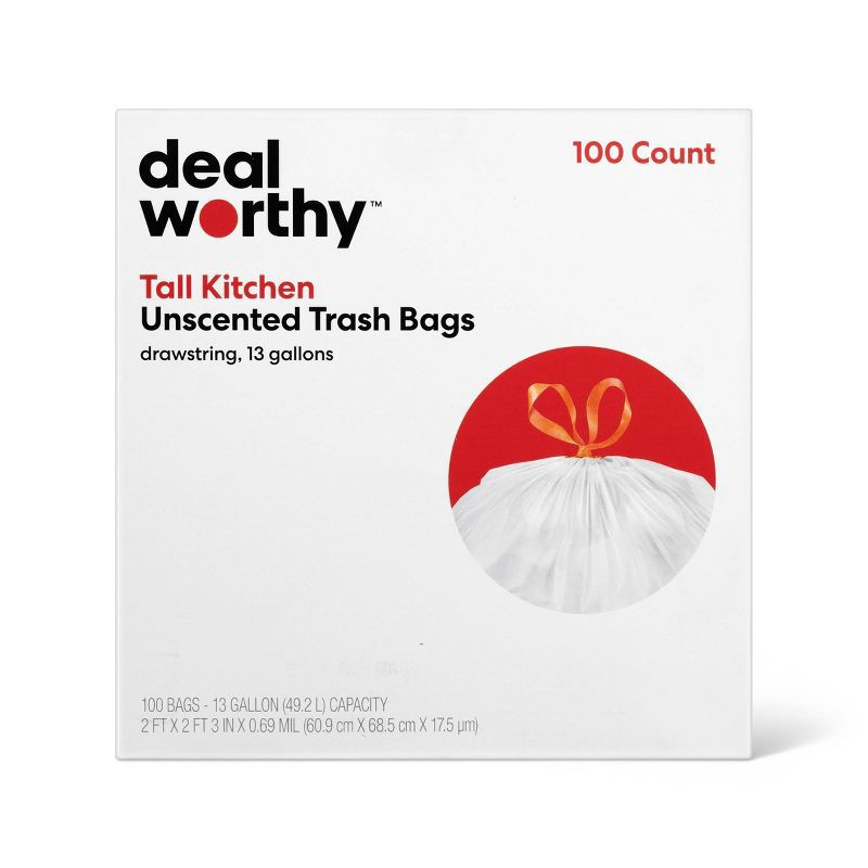 slide 1 of 2, Tall Kitchen Drawstring Trash Bags - 13 Gallon - 100ct - Dealworthy™, 13 gal, 100 ct