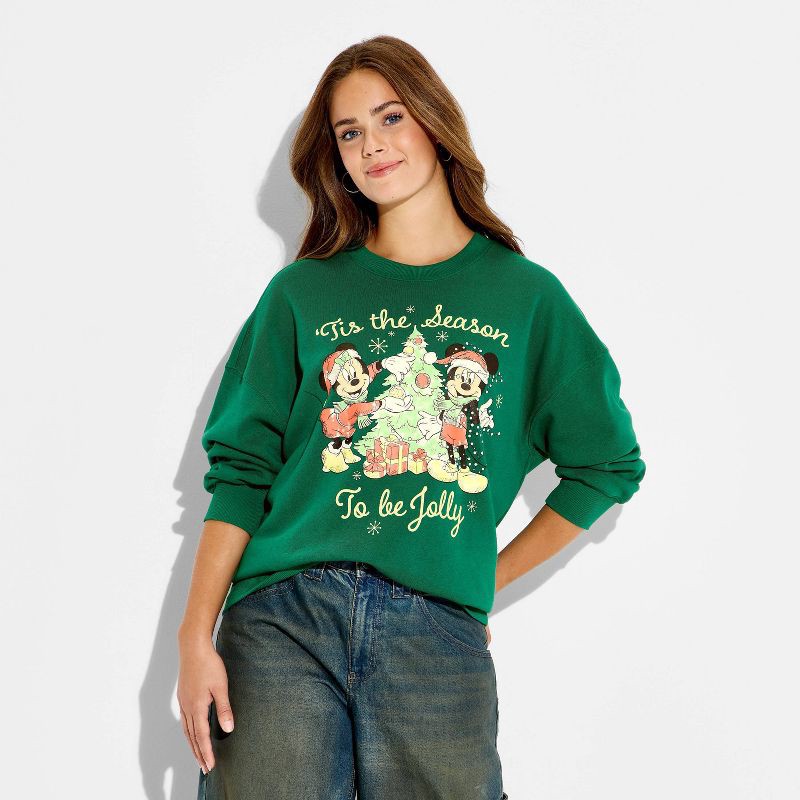 slide 2 of 3, Mickey Mouse & Friends Women's Mickey Tis' the Season Graphic Sweatshirt - Green XS, 1 ct