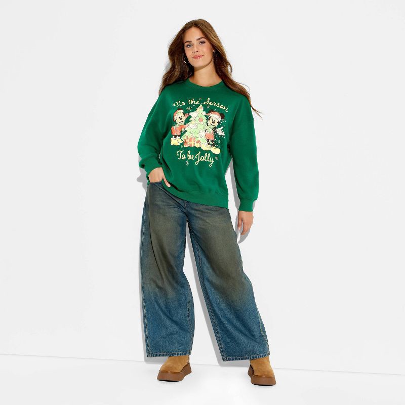slide 1 of 3, Mickey Mouse & Friends Women's Mickey Tis' the Season Graphic Sweatshirt - Green XS, 1 ct