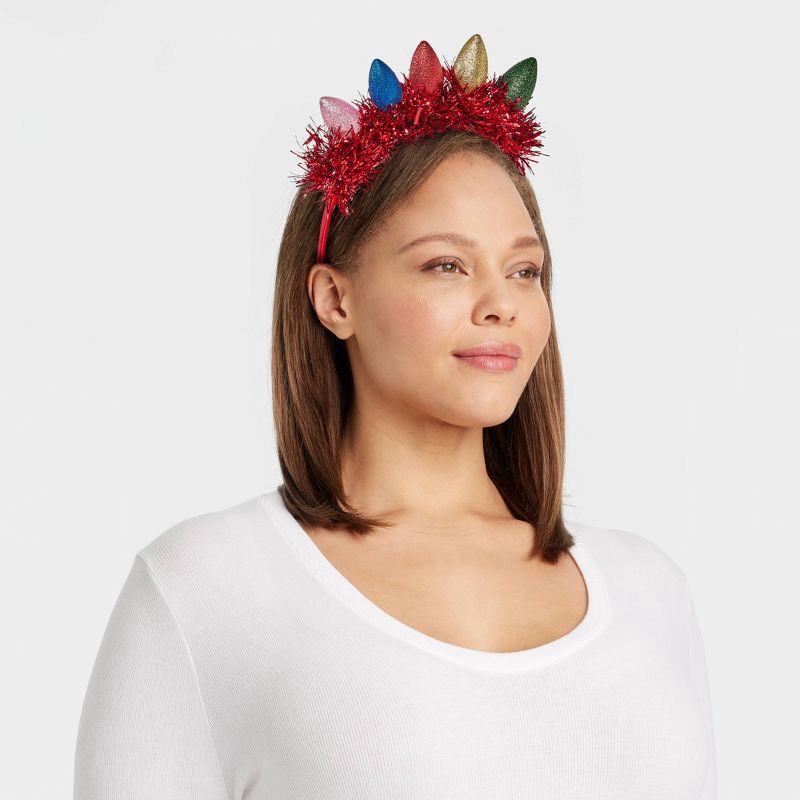 slide 2 of 3, Christmas Bulb Light-Up Tinsel Headband - Red, 1 ct