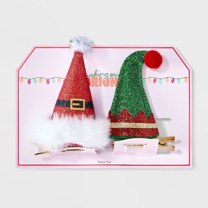 slide 2 of 3, Christmas Hat Pelican Hair Clip Set 2pc - Red/Green/White, 2 ct