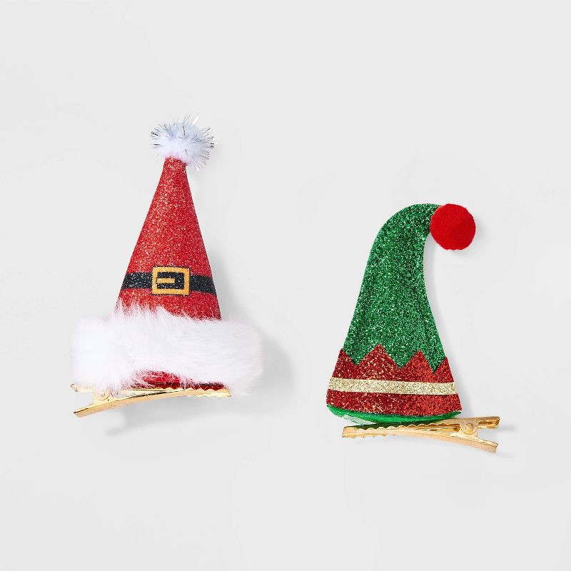 slide 1 of 3, Christmas Hat Pelican Hair Clip Set 2pc - Red/Green/White, 2 ct