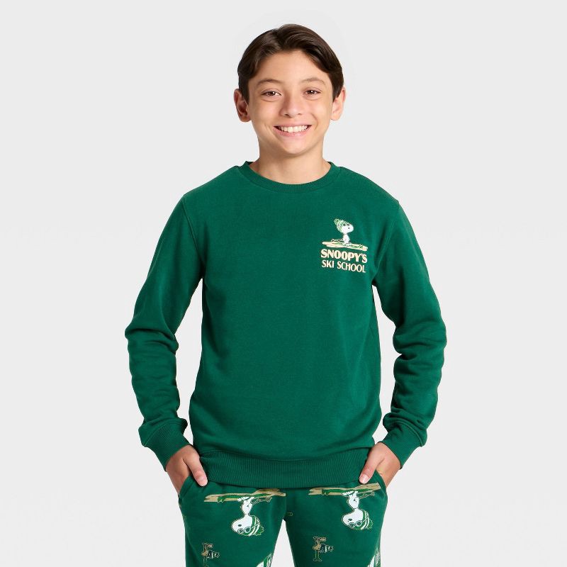 slide 3 of 4, Peanuts Boys' Snoopy Ski School Fleece Front and Back Graphic Sweatshirt - Green XL, 1 ct