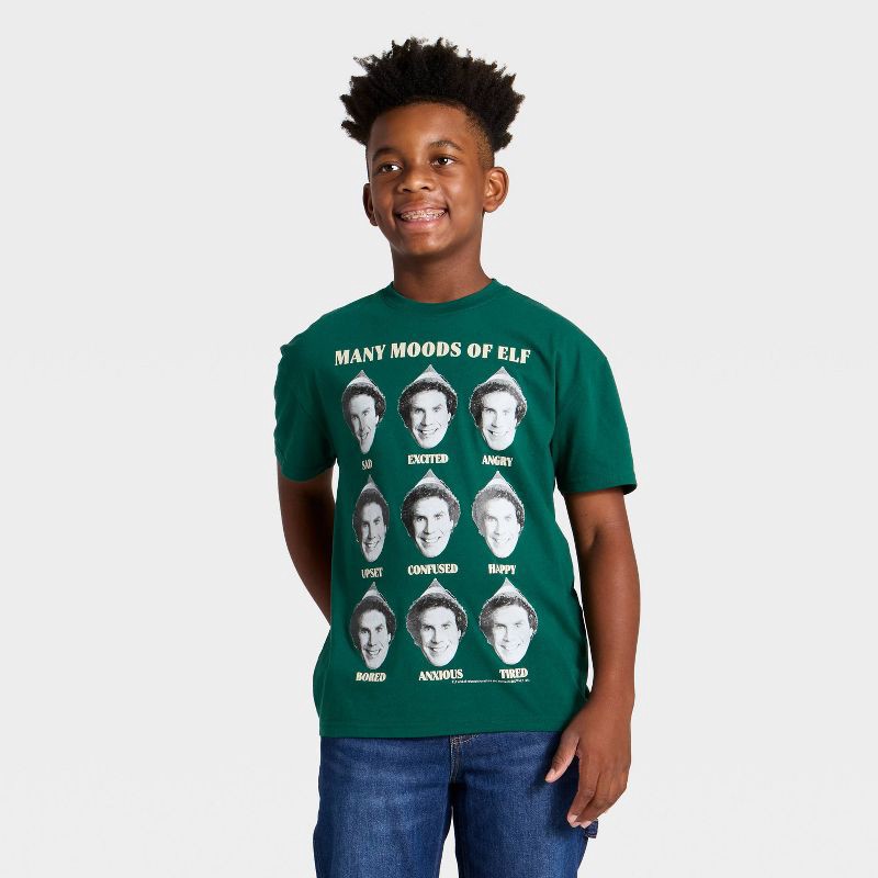slide 1 of 4, Boys' Buddy The Elf Many Moods Holiday Short Sleeve Oversized Graphic T-Shirt - Green M, 1 ct
