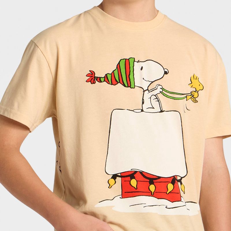 slide 3 of 4, Peanuts Boys' Snoopy and Woodstock Holiday Front and Back Short Sleeve Oversized Graphic T-Shirt - Brown S, 1 ct