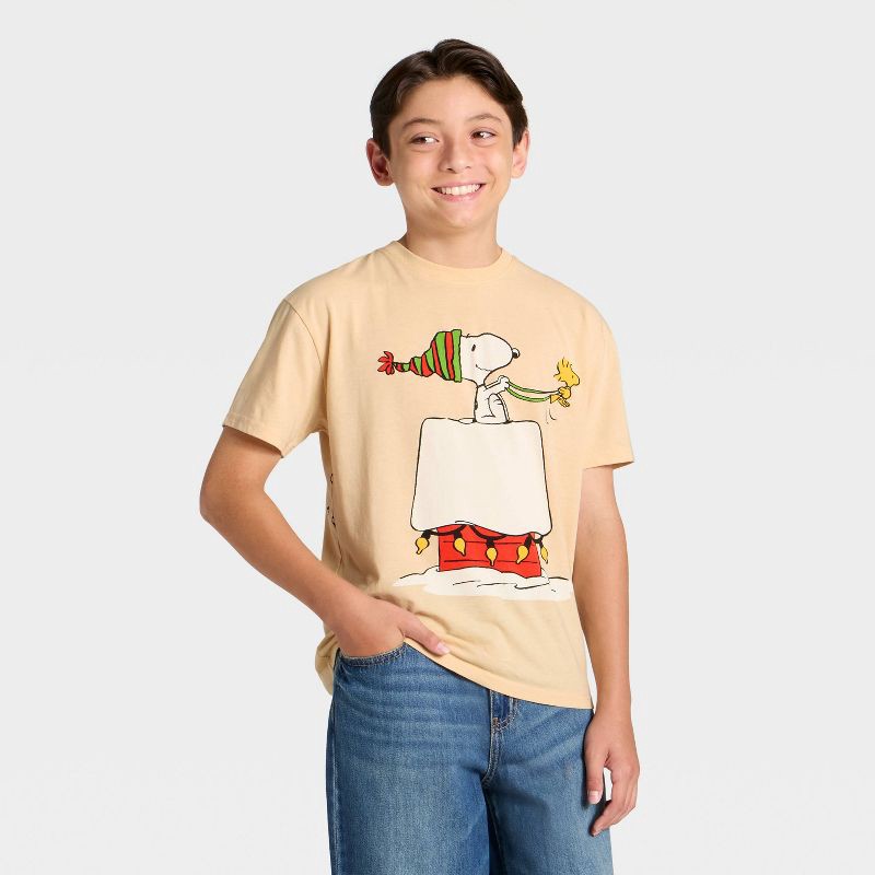 slide 2 of 4, Peanuts Boys' Snoopy and Woodstock Holiday Front and Back Short Sleeve Oversized Graphic T-Shirt - Brown S, 1 ct