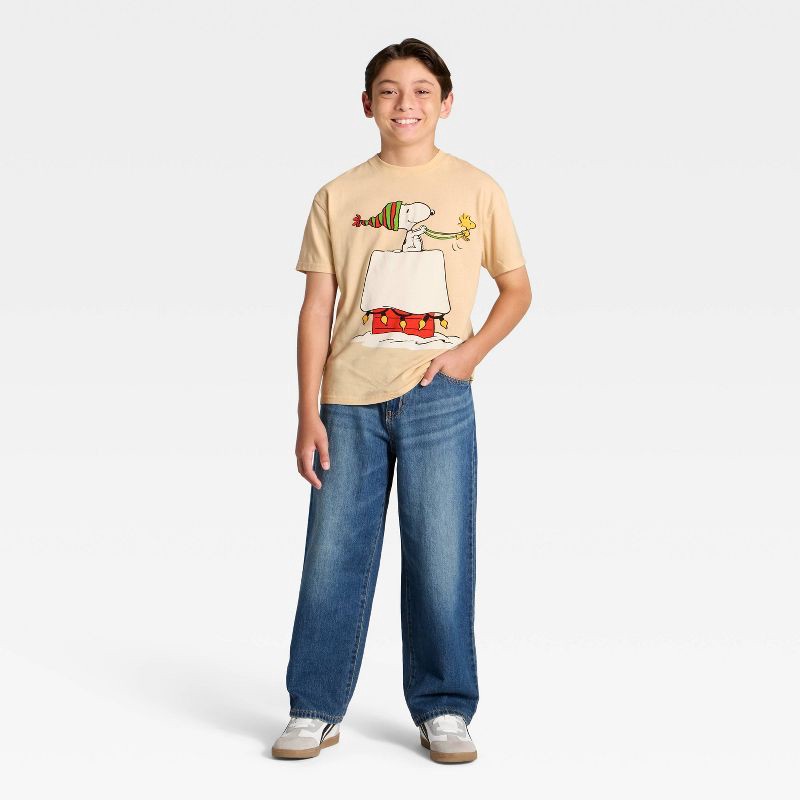slide 4 of 4, Peanuts Boys' Snoopy and Woodstock Holiday Front and Back Short Sleeve Oversized Graphic T-Shirt - Brown S, 1 ct