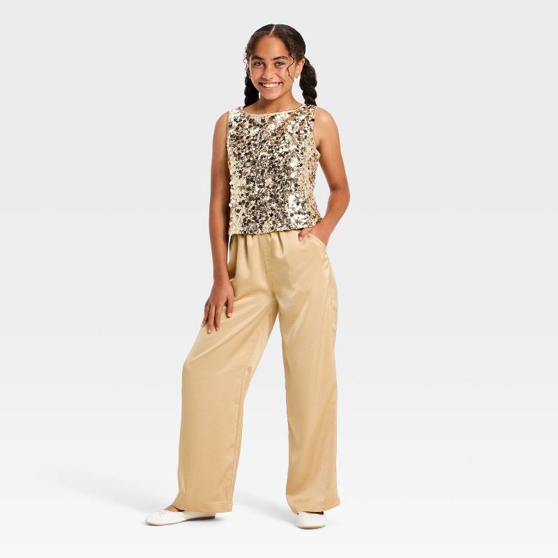 slide 3 of 3, Girls' Satin Pant - art class™ Beige S, 1 ct