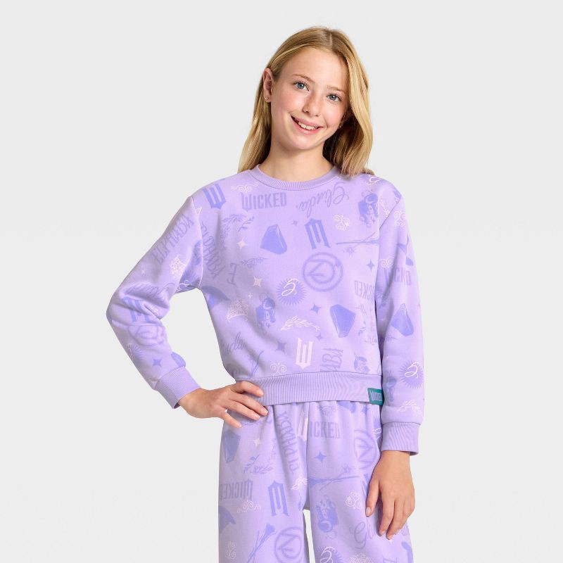 slide 1 of 3, Girls' Wicked Icons Printed Fleece Sweatshirt - Purple XL, 1 ct