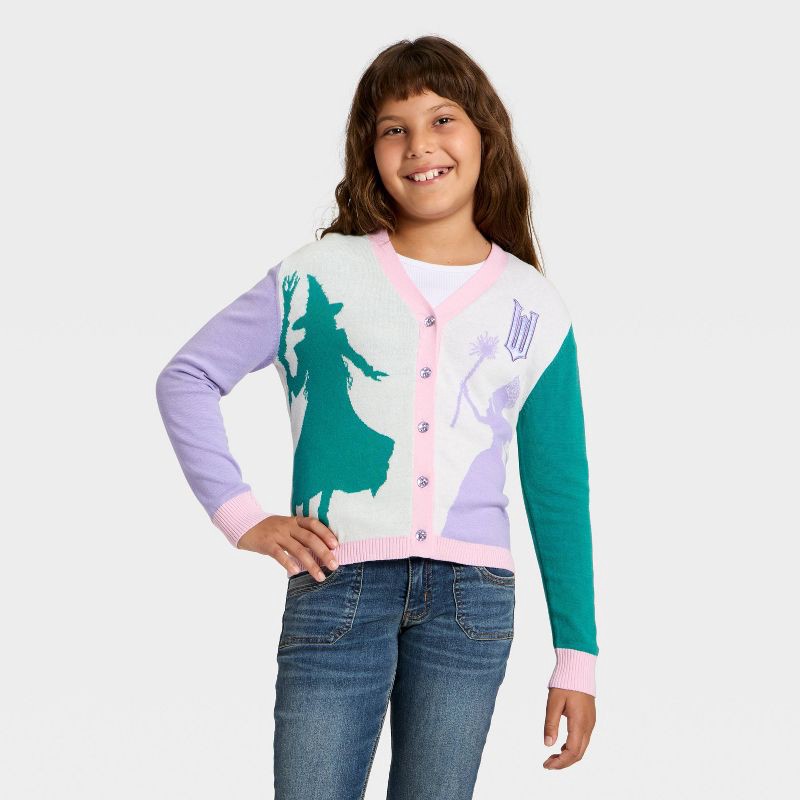 slide 1 of 3, Girls' Wicked Elphaba & Glinda Button-Up Cardigan - S, 1 ct