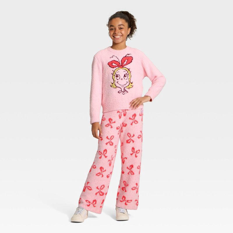 slide 3 of 3, Girls' The Grinch 'Cindy Lou Who' Bows Printed Boucle Pants - Light Pink S, 1 ct