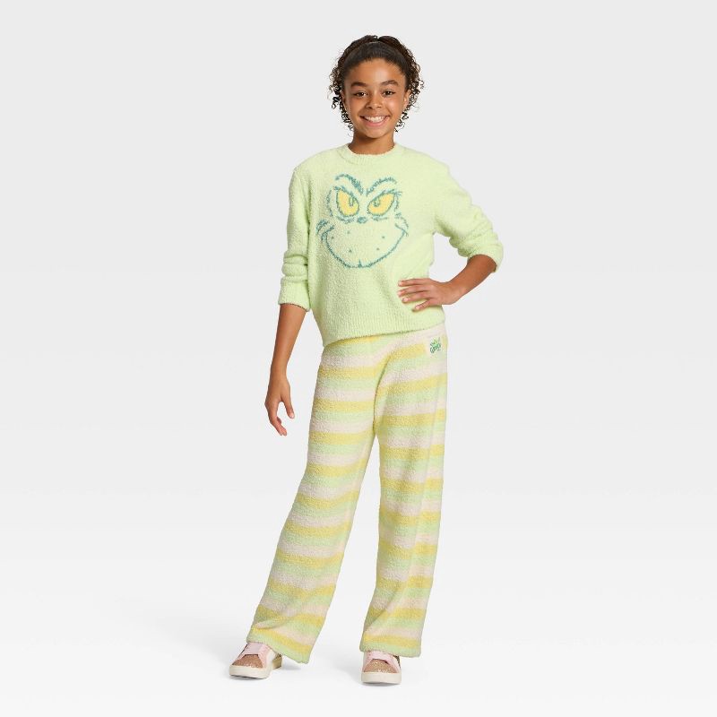 slide 4 of 4, Girls' The Grinch Striped Boucle Pants - Light Green/Yellow/White S, 1 ct