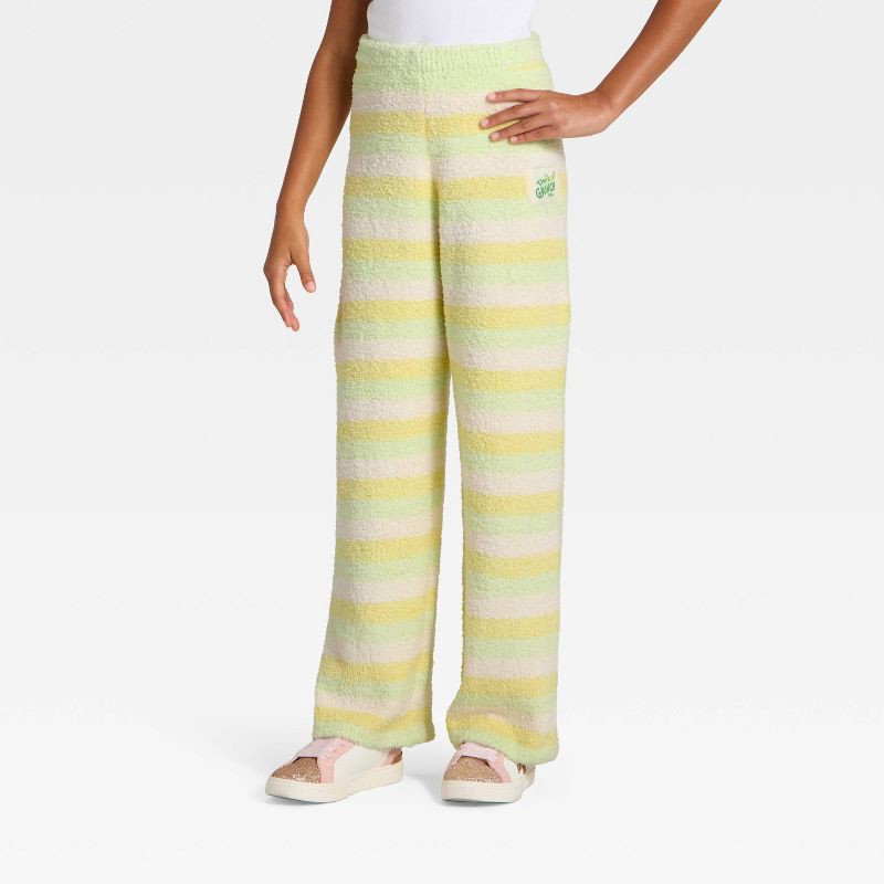 slide 1 of 4, Girls' The Grinch Striped Boucle Pants - Light Green/Yellow/White L, 1 ct