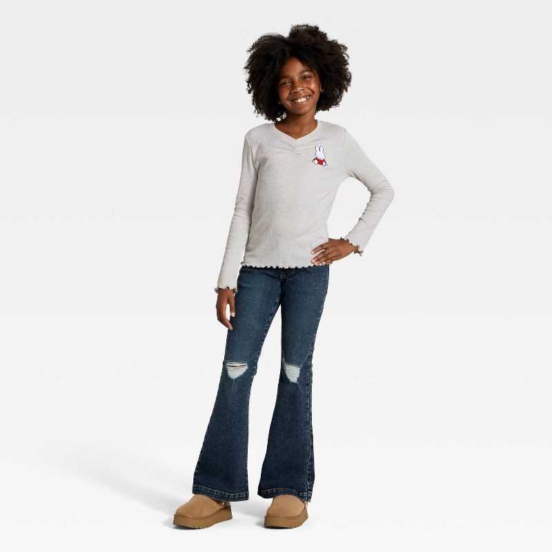 slide 4 of 4, Girls' Miffy Ribbed Long Sleeve Graphic T-Shirt - Gray XL, 1 ct