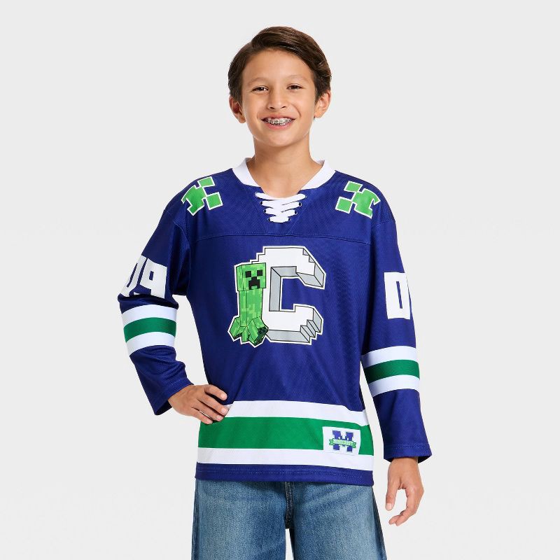 slide 1 of 3, Boys' Minecraft Creeper Hockey Jersey - Blue/White XS, 1 ct