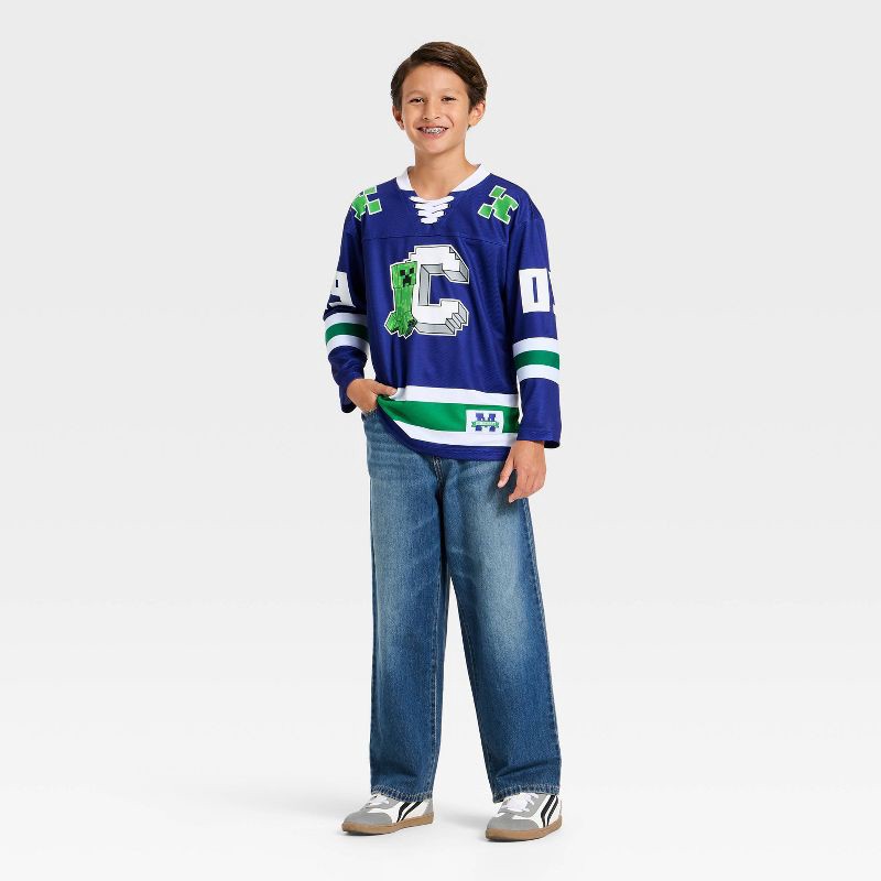 slide 3 of 3, Boys' Minecraft Creeper Hockey Jersey - Blue/White L, 1 ct