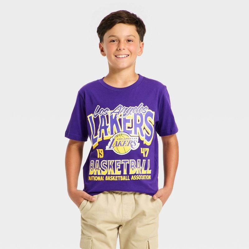 slide 1 of 4, NBA Boys' Los Angeles Lakers Oversized Short Sleeve Graphic T-Shirt - Purple S, 1 ct