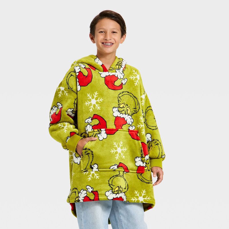 slide 1 of 3, Boys' The Grinch Oversized Plush Hooded Sweatshirt - Green S/M, 1 ct