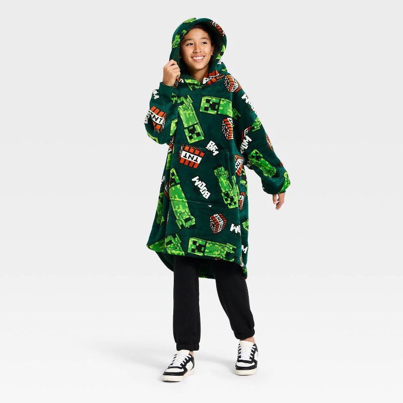 slide 3 of 3, Boys' Minecraft Creeper and TNT Oversized Plush Hooded Sweatshirt - Green S/M, 1 ct