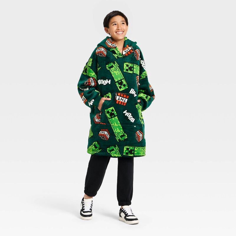 slide 1 of 3, Boys' Minecraft Creeper and TNT Oversized Plush Hooded Sweatshirt - Green S/M, 1 ct