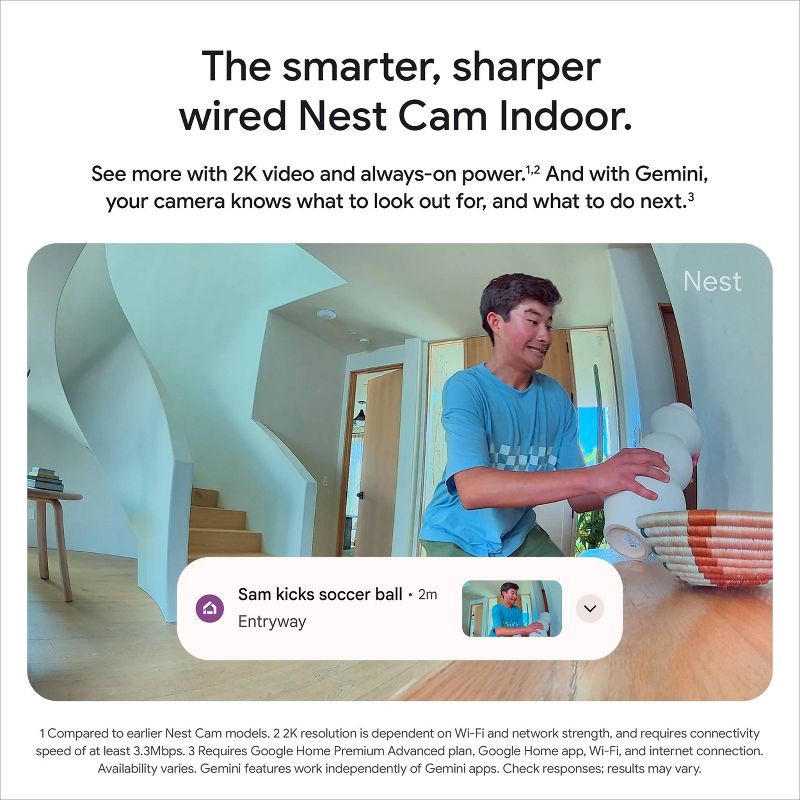 slide 10 of 12, Google Nest Cam Indoor (Wired, 2nd Gen) - Indoor Security Camera with 2K Video - Works with Google Home - With Gemini - Hazel, 1 ct