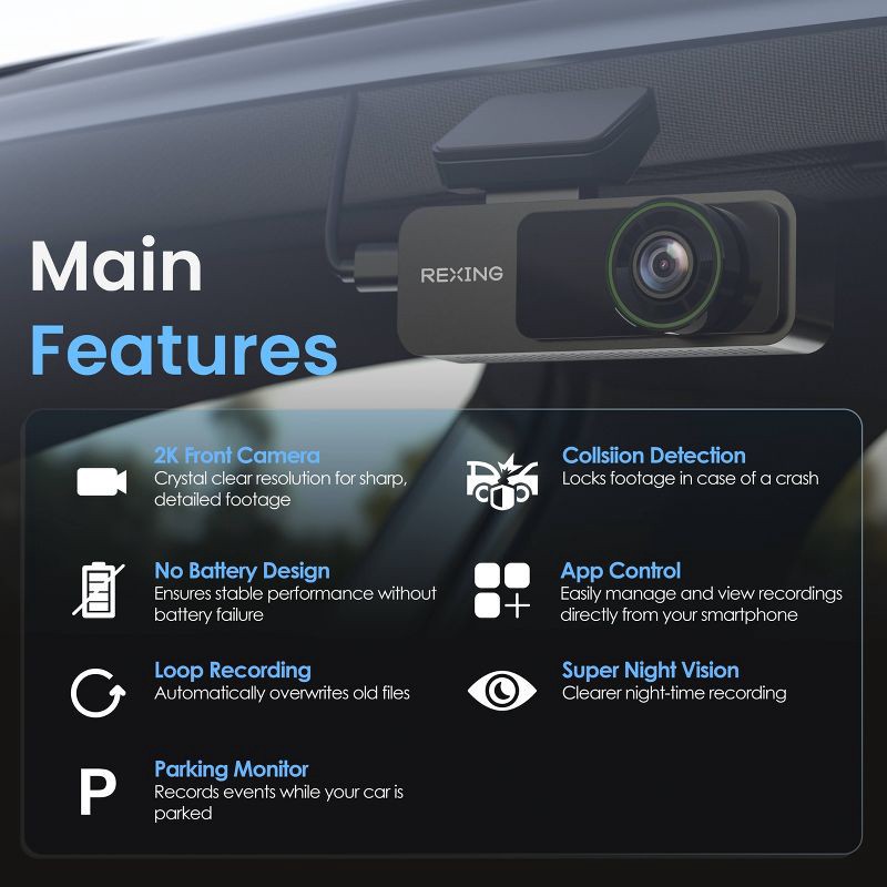 slide 3 of 9, Rexing V1 Lite 2K Wi-Fi Dash Cam with USB-C Connection and 32GB microSD Card, 1 ct