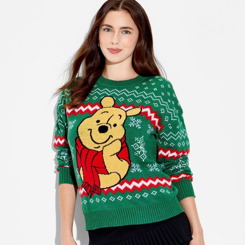 slide 1 of 3, Women's Winnie the Pooh Festive Graphic Sweater - Green XXS, 1 ct