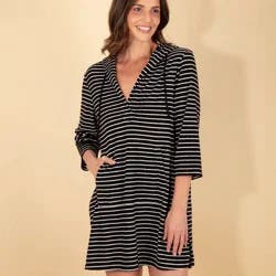 Lands' End Women's Striped Hooded Drawstring Cover Up - Black/White S