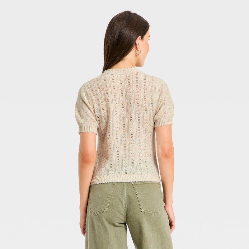 slide 2 of 3, Women's Short Sleeve Pointelle Crewneck Pullover Sweater - Universal Thread™ Cream S, 1 ct