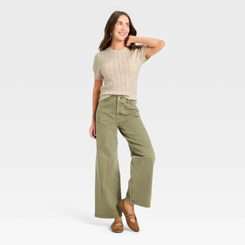 slide 3 of 3, Women's Short Sleeve Pointelle Crewneck Pullover Sweater - Universal Thread™ Cream S, 1 ct