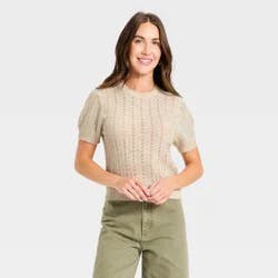 Women's Short Sleeve Pointelle Crewneck Pullover Sweater - Universal Thread™ Cream S