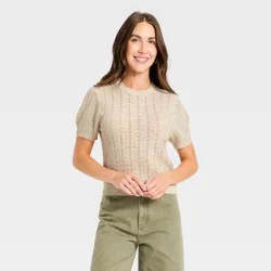 Women's Short Sleeve Pointelle Crewneck Pullover Sweater - Universal Thread™ Cream L