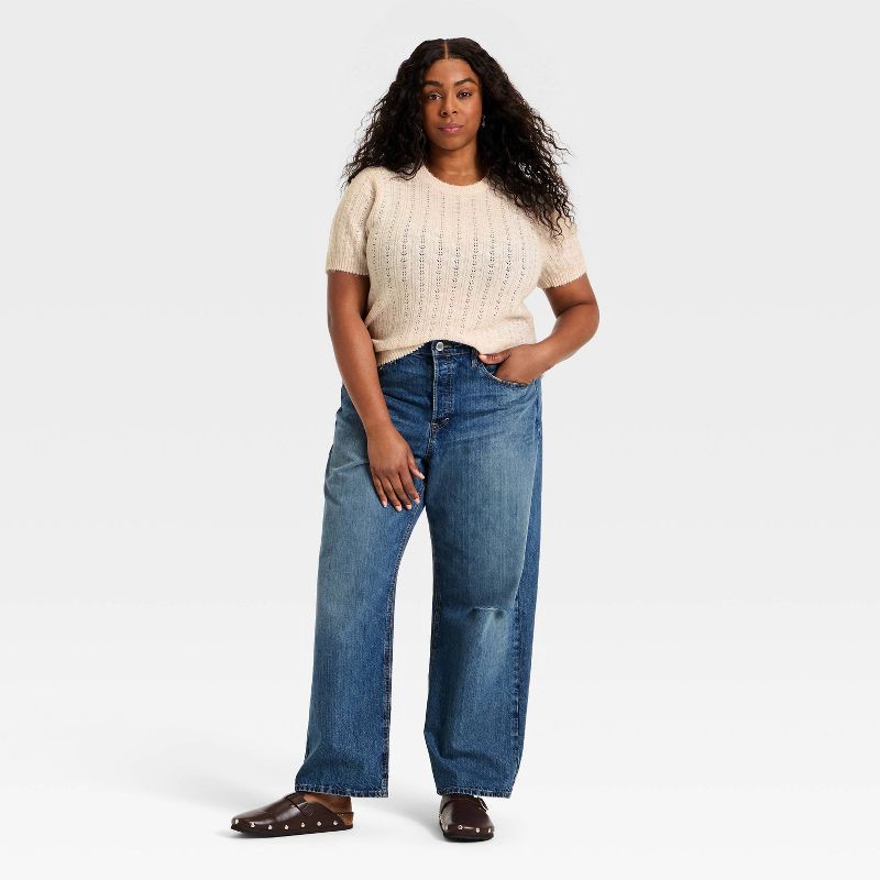 slide 3 of 3, Women's Short Sleeve Pointelle Crewneck Pullover Sweater - Universal Thread™ Cream XXL, 1 ct