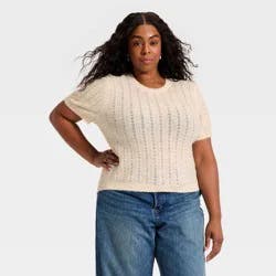 Women's Short Sleeve Pointelle Crewneck Pullover Sweater - Universal Thread™ Cream XXL