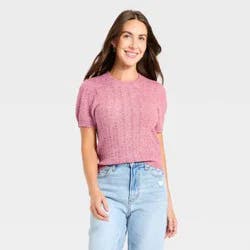 Women's Short Sleeve Pointelle Crewneck Pullover Sweater - Universal Thread™ Pink XS