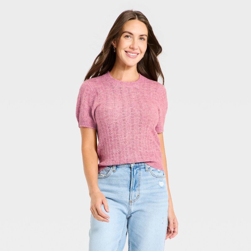 slide 1 of 3, Women's Short Sleeve Pointelle Crewneck Pullover Sweater - Universal Thread™ Pink S, 1 ct