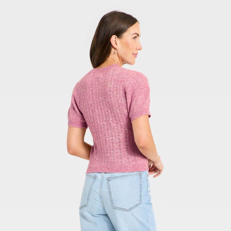 slide 2 of 3, Women's Short Sleeve Pointelle Crewneck Pullover Sweater - Universal Thread™ Pink L, 1 ct