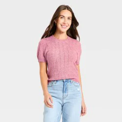 Women's Short Sleeve Pointelle Crewneck Pullover Sweater - Universal Thread™ Pink XL