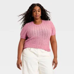 Women's Short Sleeve Pointelle Crewneck Pullover Sweater - Universal Thread™ Pink XXL