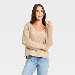 Women's Wide V-Neck Pullover Sweater - Universal Thread™ Oatmeal XL