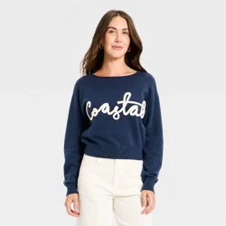 Women's Cozy Wide Crewneck Love Pullover Sweater - Universal Thread™ Navy Blue M