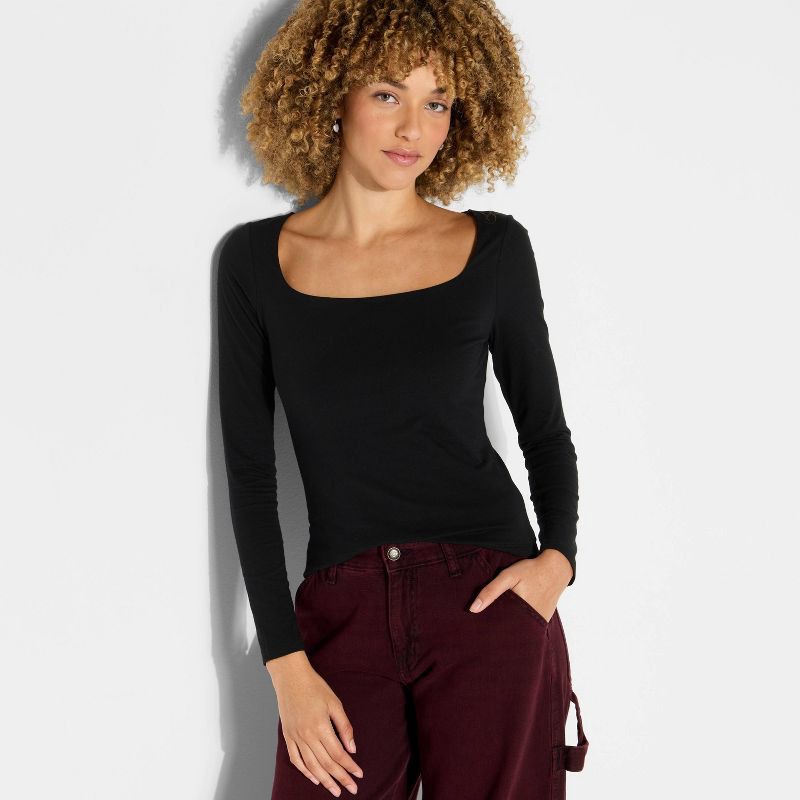 slide 1 of 4, Women's Long Sleeve Square Neck T-Shirt - Wild Fable™ Black XXS, 1 ct