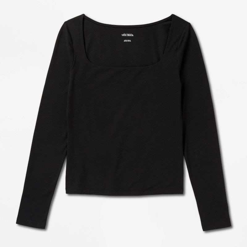 slide 4 of 4, Women's Long Sleeve Square Neck T-Shirt - Wild Fable™ Black XS, 1 ct