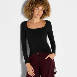 Women's Long Sleeve Square Neck T-Shirt - Wild Fable™ Black S