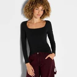 Women's Long Sleeve Square Neck T-Shirt - Wild Fable™ Black M