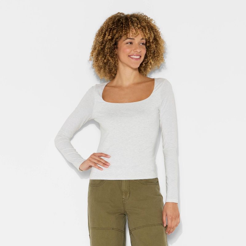 slide 2 of 4, Women's Long Sleeve Square Neck T-Shirt - Wild Fable™ Gray S, 1 ct