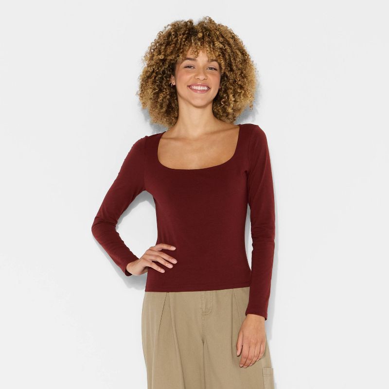 slide 2 of 4, Women's Long Sleeve Square Neck T-Shirt - Wild Fable™ Burgundy XS, 1 ct