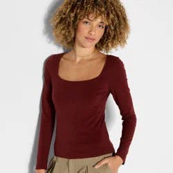 Women's Long Sleeve Square Neck T-Shirt - Wild Fable™ Burgundy S