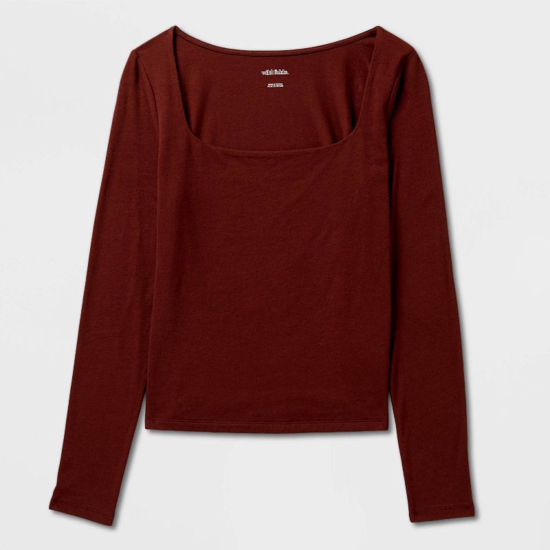 slide 4 of 4, Women's Long Sleeve Square Neck T-Shirt - Wild Fable™ Burgundy L, 1 ct