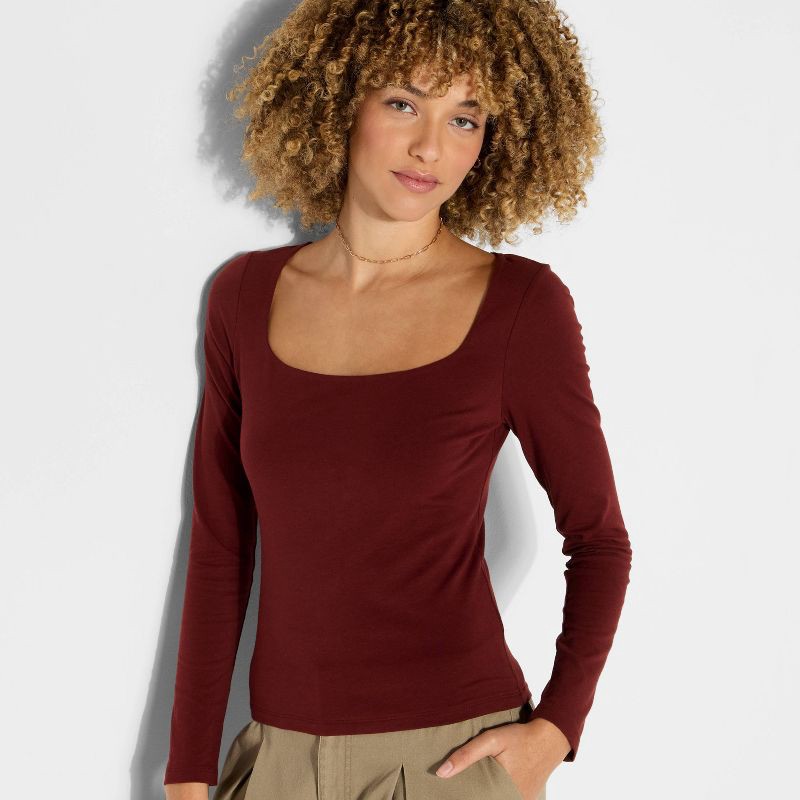 slide 1 of 4, Women's Long Sleeve Square Neck T-Shirt - Wild Fable™ Burgundy L, 1 ct